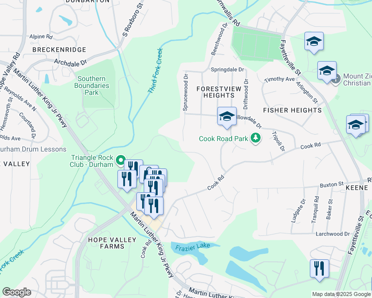 map of restaurants, bars, coffee shops, grocery stores, and more near 3020 Sprucewood Drive in Durham