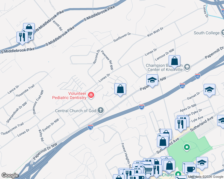 map of restaurants, bars, coffee shops, grocery stores, and more near 1000 Country Oak Circle in Knoxville