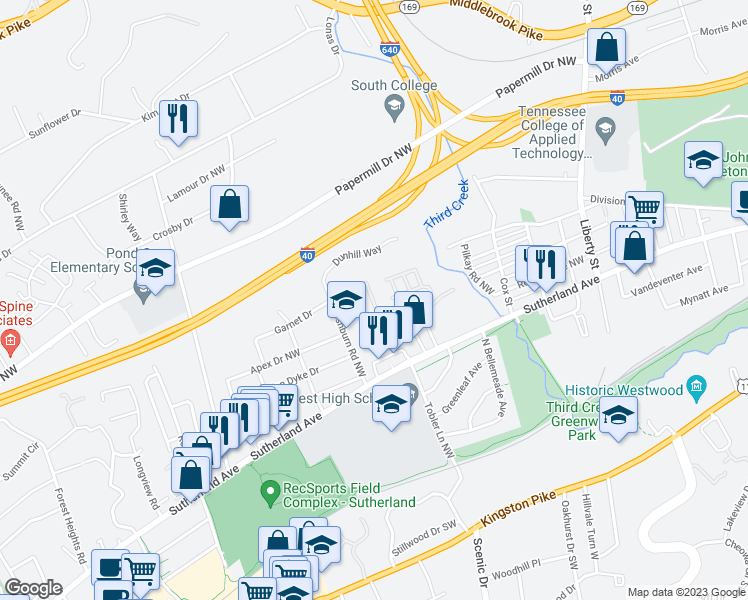 map of restaurants, bars, coffee shops, grocery stores, and more near 570 Prestwick Ridge Way in Knoxville