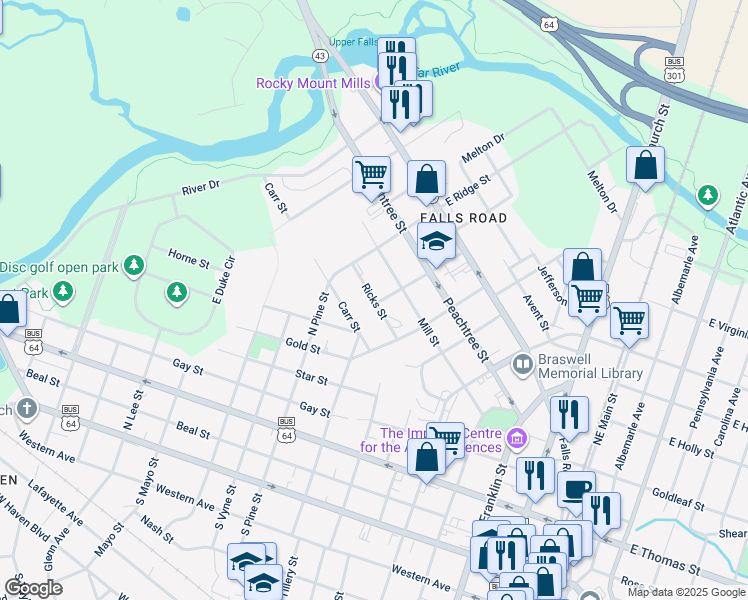 map of restaurants, bars, coffee shops, grocery stores, and more near Ricks Street in Rocky Mount