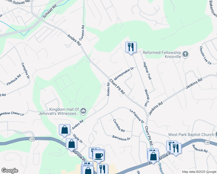 map of restaurants, bars, coffee shops, grocery stores, and more near 1524 Andes Road in Knoxville