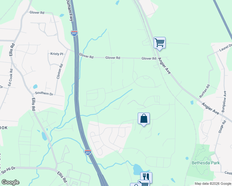 map of restaurants, bars, coffee shops, grocery stores, and more near 3714 Angier Avenue in Durham