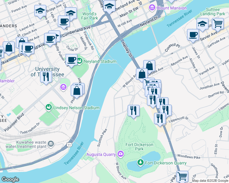 map of restaurants, bars, coffee shops, grocery stores, and more near 451 West Blount Avenue in Knoxville
