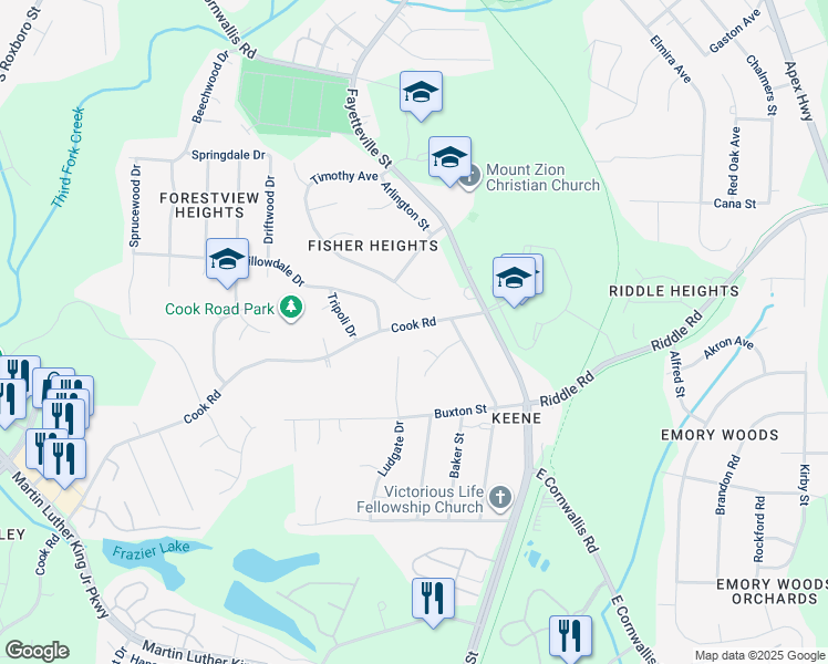 map of restaurants, bars, coffee shops, grocery stores, and more near 217 Cook Road in Durham