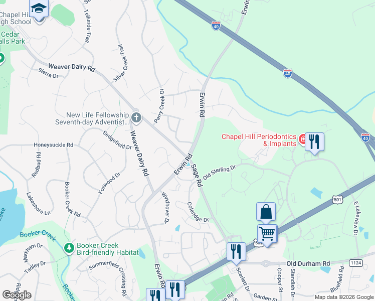 map of restaurants, bars, coffee shops, grocery stores, and more near 255 Erwin Road in Chapel Hill