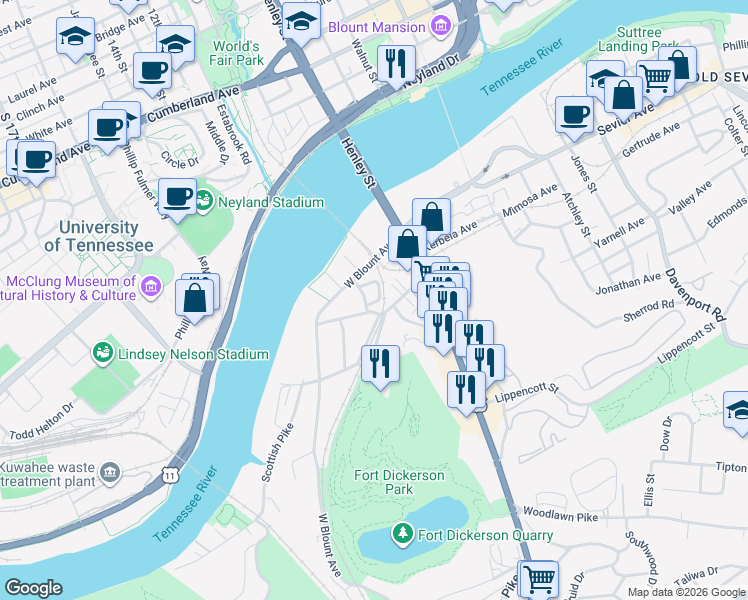 map of restaurants, bars, coffee shops, grocery stores, and more near 535 Sunshine Circle in Knoxville