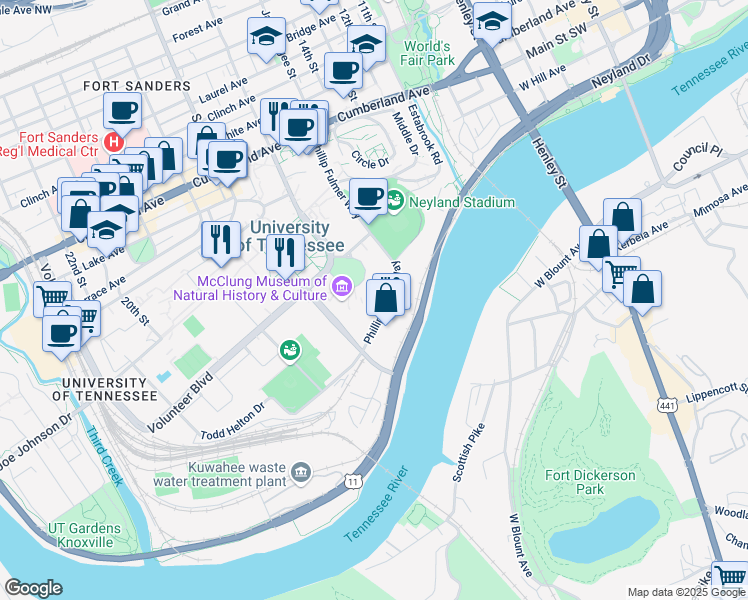 map of restaurants, bars, coffee shops, grocery stores, and more near in Knoxville