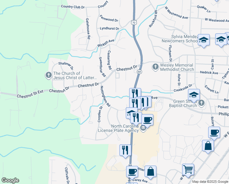 map of restaurants, bars, coffee shops, grocery stores, and more near 1413 Chestnut Drive in High Point