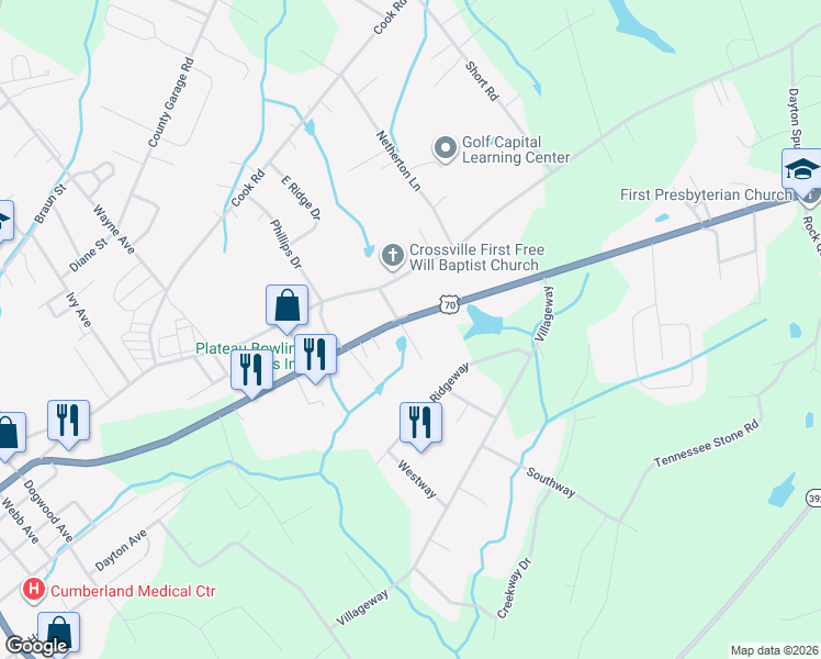 map of restaurants, bars, coffee shops, grocery stores, and more near 1122 U.S. 70 in Crossville
