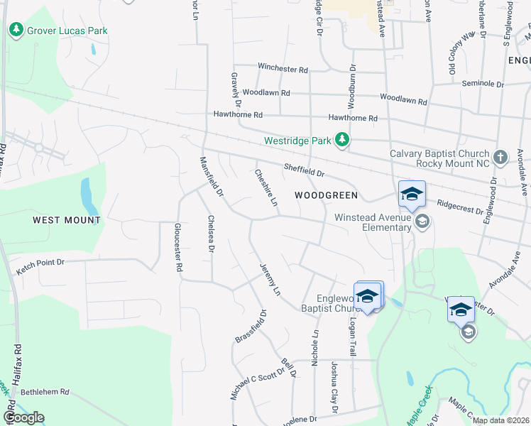 map of restaurants, bars, coffee shops, grocery stores, and more near 3524 Mansfield Drive in Rocky Mount