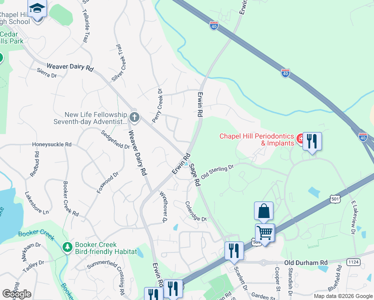 map of restaurants, bars, coffee shops, grocery stores, and more near 255 Erwin Road in Chapel Hill