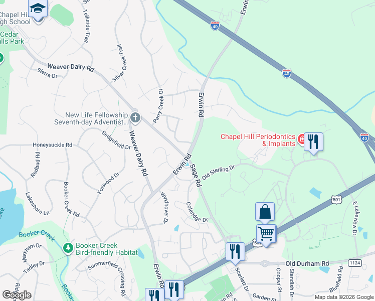 map of restaurants, bars, coffee shops, grocery stores, and more near 255 Erwin Road in Chapel Hill