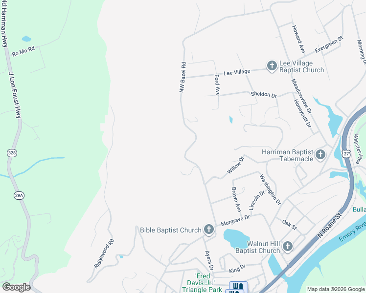 map of restaurants, bars, coffee shops, grocery stores, and more near 425 Northwest Bazel Road in Harriman