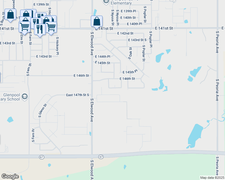 map of restaurants, bars, coffee shops, grocery stores, and more near 1122 East 146th Place South in Glenpool