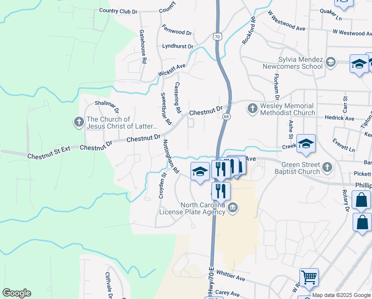 map of restaurants, bars, coffee shops, grocery stores, and more near 1413 Chestnut Drive in High Point