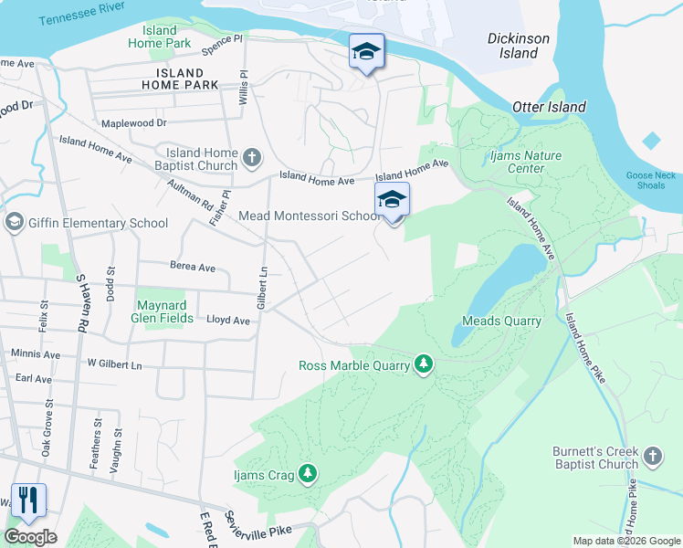 map of restaurants, bars, coffee shops, grocery stores, and more near 2610 Belvedere Avenue in Knoxville