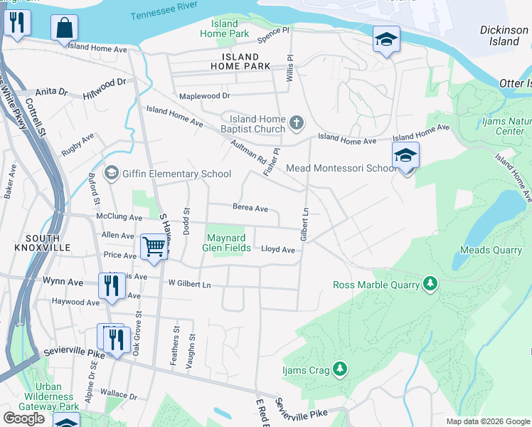 map of restaurants, bars, coffee shops, grocery stores, and more near 2140 Berea Avenue in Knoxville