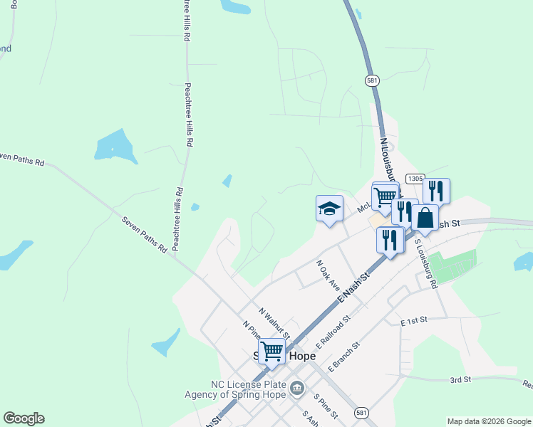 map of restaurants, bars, coffee shops, grocery stores, and more near 300 Avenue B in Spring Hope