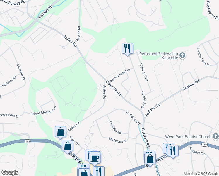 map of restaurants, bars, coffee shops, grocery stores, and more near 1515 Chert Pit Road in Knoxville