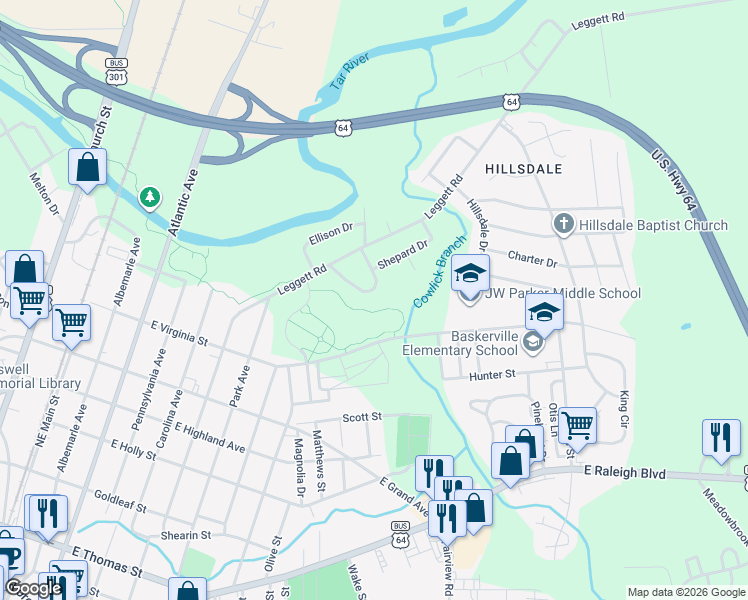 map of restaurants, bars, coffee shops, grocery stores, and more near 132 Spaulding Drive in Rocky Mount