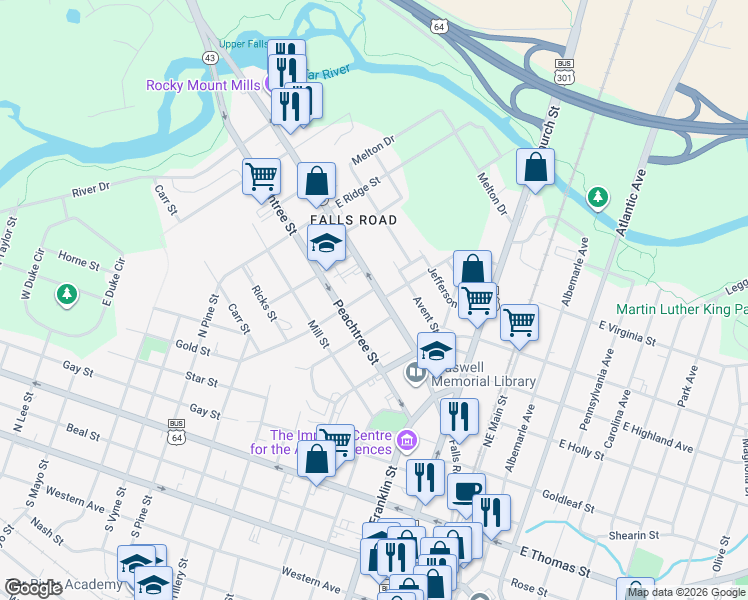 map of restaurants, bars, coffee shops, grocery stores, and more near 615 Falls Road in Rocky Mount