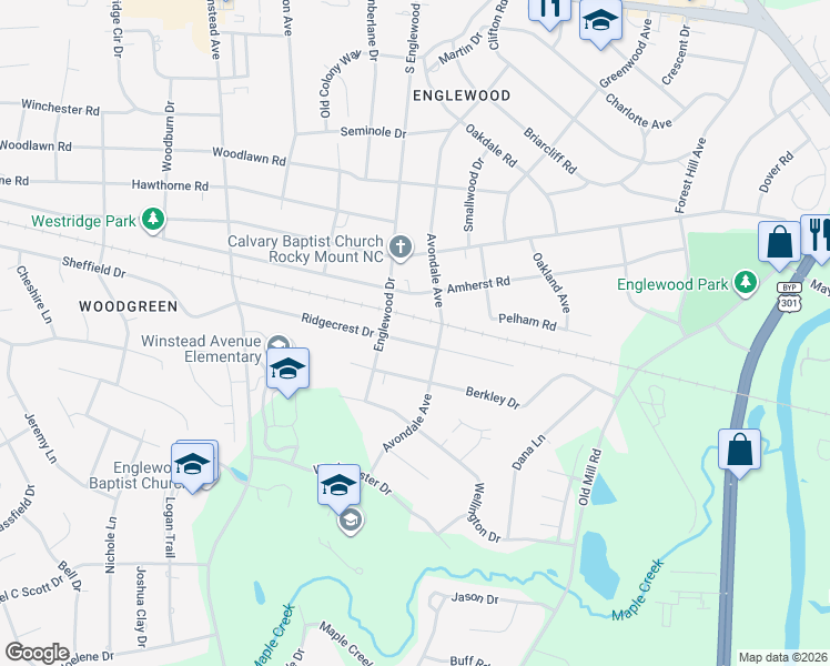 map of restaurants, bars, coffee shops, grocery stores, and more near 3004 Ridgecrest Drive in Rocky Mount