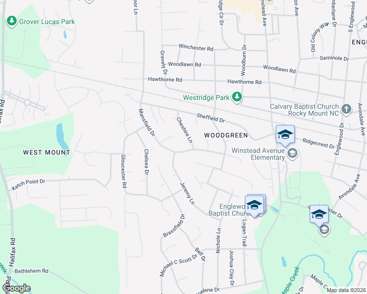 map of restaurants, bars, coffee shops, grocery stores, and more near 3524 Mansfield Drive in Rocky Mount