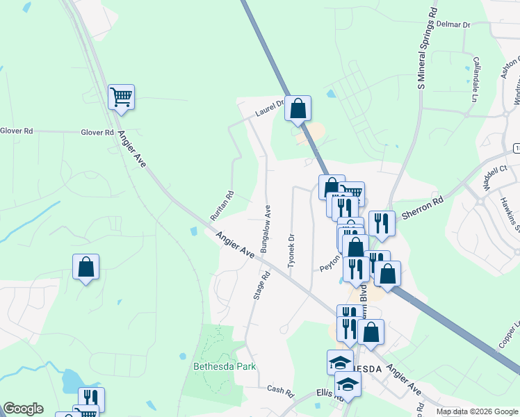 map of restaurants, bars, coffee shops, grocery stores, and more near 6 Artis Lane in Durham