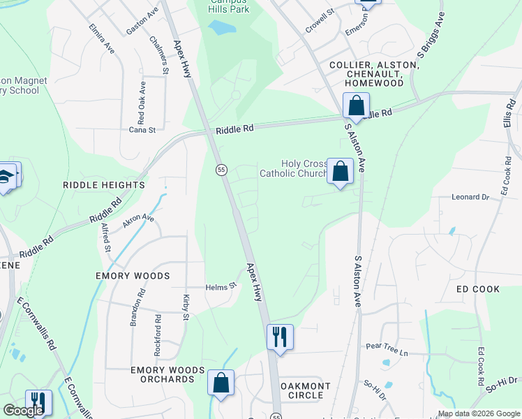 map of restaurants, bars, coffee shops, grocery stores, and more near 1013 Longitude Drive in Durham