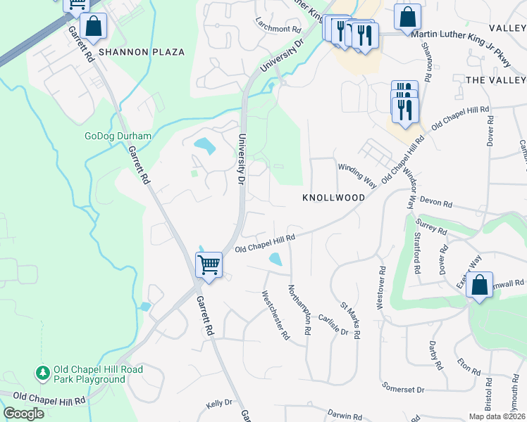 map of restaurants, bars, coffee shops, grocery stores, and more near 28 Knightsbridge Court in Durham