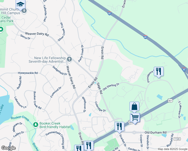 map of restaurants, bars, coffee shops, grocery stores, and more near 255 Erwin Road in Chapel Hill