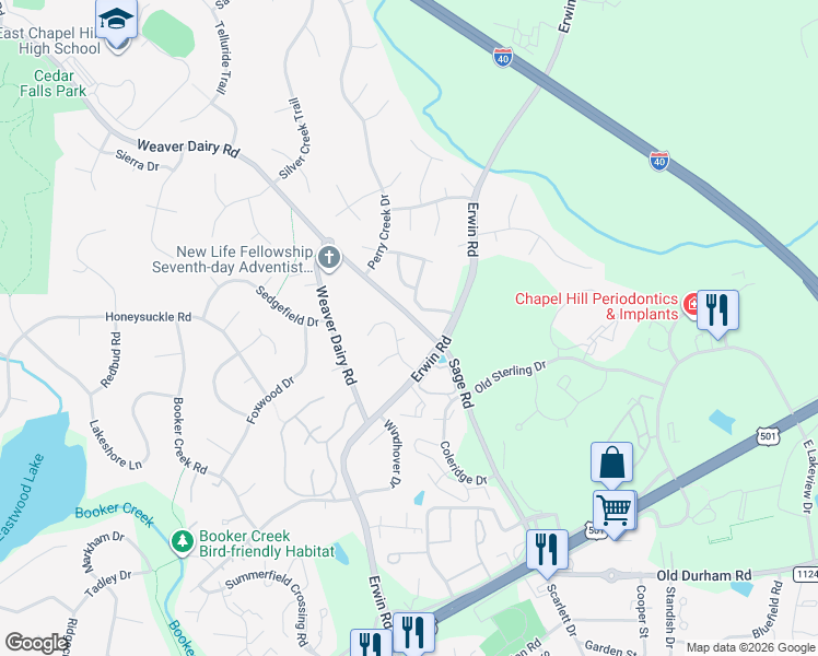 map of restaurants, bars, coffee shops, grocery stores, and more near 201 River Birch Lane in Chapel Hill