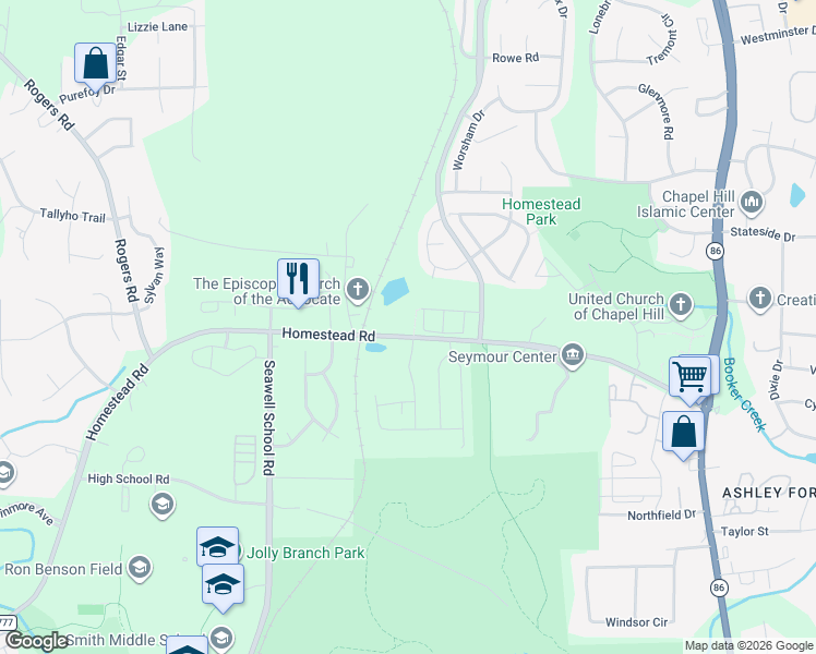 map of restaurants, bars, coffee shops, grocery stores, and more near 2214 State Road 1777 in Chapel Hill