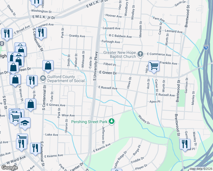 map of restaurants, bars, coffee shops, grocery stores, and more near 1109 East Russell Avenue in High Point