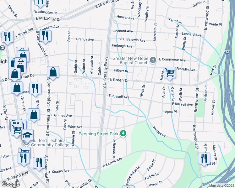 map of restaurants, bars, coffee shops, grocery stores, and more near 1109 E Russell Ave in High Point