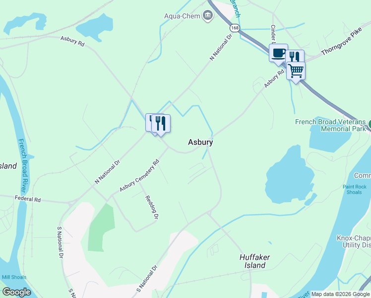 map of restaurants, bars, coffee shops, grocery stores, and more near 2804 Asbury Road in Knoxville