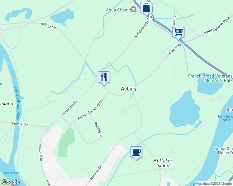 map of restaurants, bars, coffee shops, grocery stores, and more near 2804 Asbury Road in Knoxville
