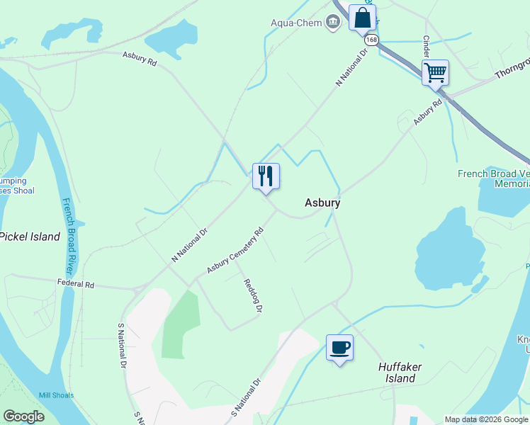 map of restaurants, bars, coffee shops, grocery stores, and more near 2731 Asbury Road in Knoxville