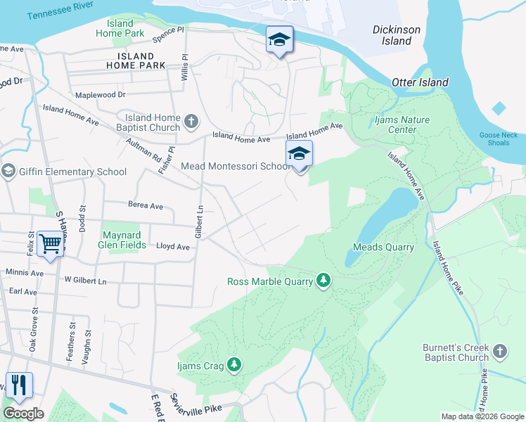 map of restaurants, bars, coffee shops, grocery stores, and more near 2610 Belvedere Avenue in Knoxville
