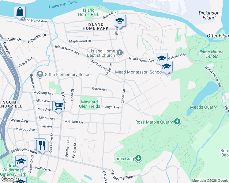 map of restaurants, bars, coffee shops, grocery stores, and more near 2167 Berea Avenue in Knoxville