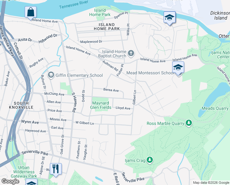 map of restaurants, bars, coffee shops, grocery stores, and more near 2140 Berea Avenue in Knoxville