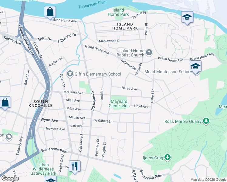 map of restaurants, bars, coffee shops, grocery stores, and more near 2011 McClung Avenue in Knoxville