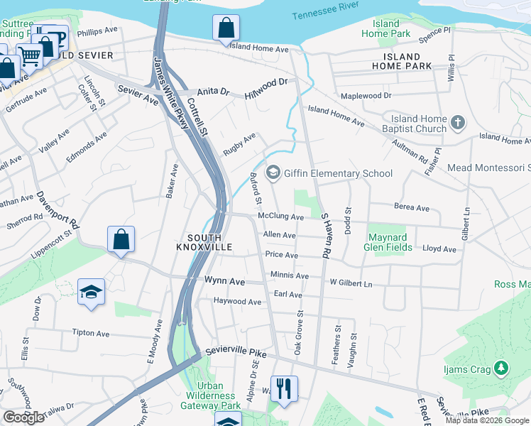 map of restaurants, bars, coffee shops, grocery stores, and more near in Knoxville