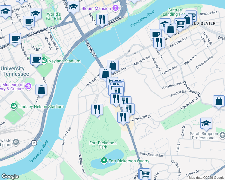 map of restaurants, bars, coffee shops, grocery stores, and more near 2320 Chapman Highway in Knoxville