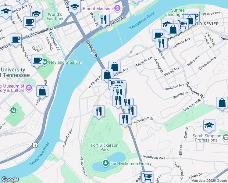 map of restaurants, bars, coffee shops, grocery stores, and more near 2320 Chapman Highway in Knoxville