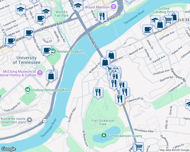 map of restaurants, bars, coffee shops, grocery stores, and more near 535 Sunshine Circle in Knoxville