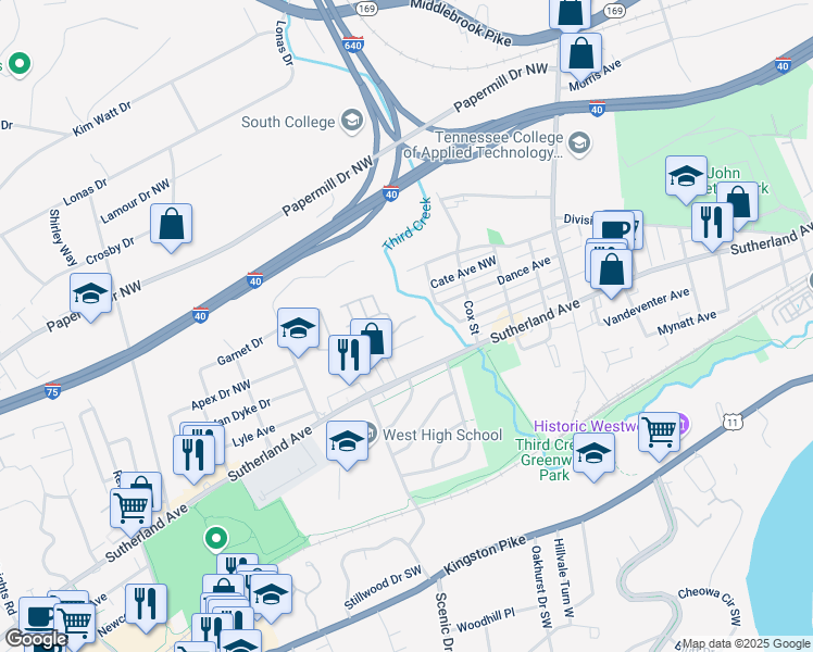 map of restaurants, bars, coffee shops, grocery stores, and more near 3200 Sutherland View Way in Knoxville