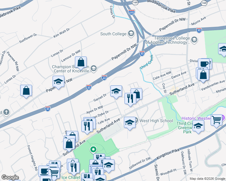 map of restaurants, bars, coffee shops, grocery stores, and more near 720 Washburn Street in Knoxville