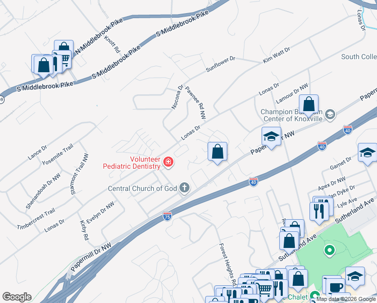 map of restaurants, bars, coffee shops, grocery stores, and more near 1635 Chenoweth Circle in Knoxville