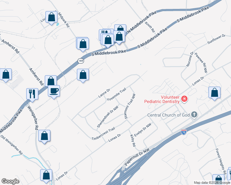 map of restaurants, bars, coffee shops, grocery stores, and more near 5312 Yosemite Trail in Knoxville